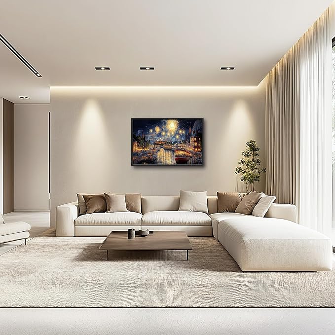 Framed Large Firework Night Sky Wall Art, Oversized European City Landscape Wall Decor for Living Room, River Boats Canvas Pictures Home Decoration for Living Room Bedroom Office 36"x24"-PawvioPets