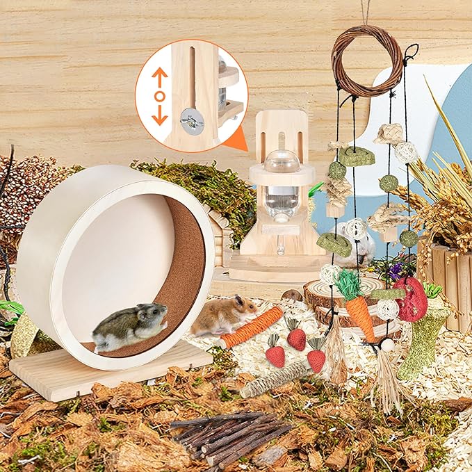antiai 9.8 Inch Wooden Hamster Exercise Wheel Set,Silent Wheel Quiet Spinner Hamster Running Wheels,Hamster Water Feeder Accessories Chew Toys for Hamsters, Gerbils, Mice and Other Small Pets,9 pcs-PawvioPets