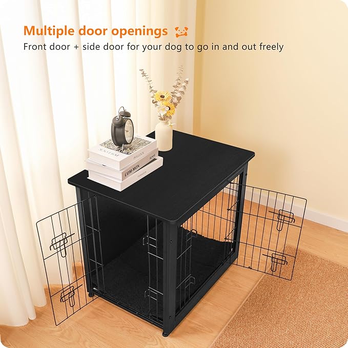 DWANTON Dog Crate Furniture with Cushion, Wooden Kennel Table with Double Doors, Indoor Dog House, Small/Medium/Large Size, 27.2" L, Black-PawvioPets