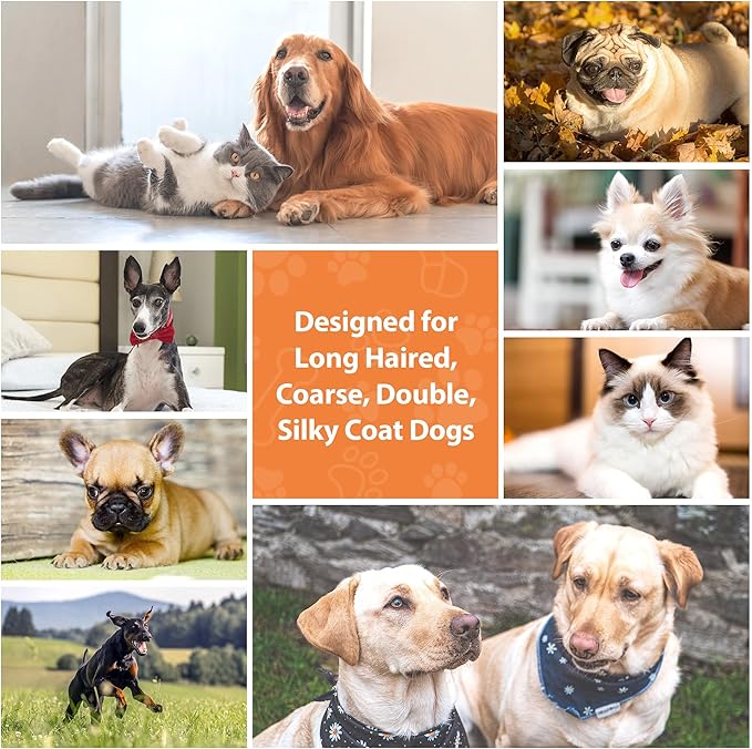 Dog Brush for Long Haired Dogs, 27mm Extra Long Metal Pin Dog Deshedding Brush and Comb Set, Short Haired Shedding Grooming Detail Pets Brush Set with Rubber Handle-PawvioPets