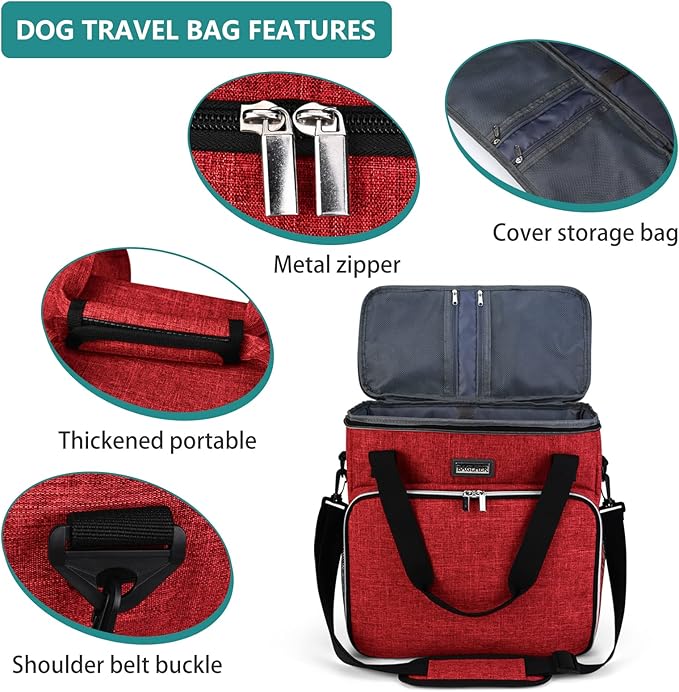 BAGLHER Dog Travel Bag, Pet Travel Bag (ALL Pet Travel Supplies), With 2 Pet Food Containers and 2 Collapsible Silicone Bowls; Essential Kits for Pet Travel Red-PawvioPets
