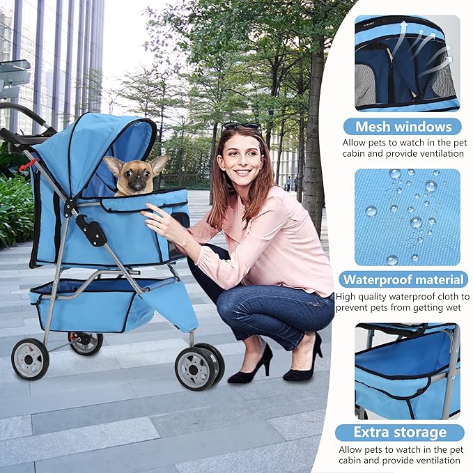 Dog Stroller,3 Wheels Travel Folding Pet Stroller for Small Medium Dog Cat Jogger Stroller with Storage Basket Removable Liner Blue-PawvioPets