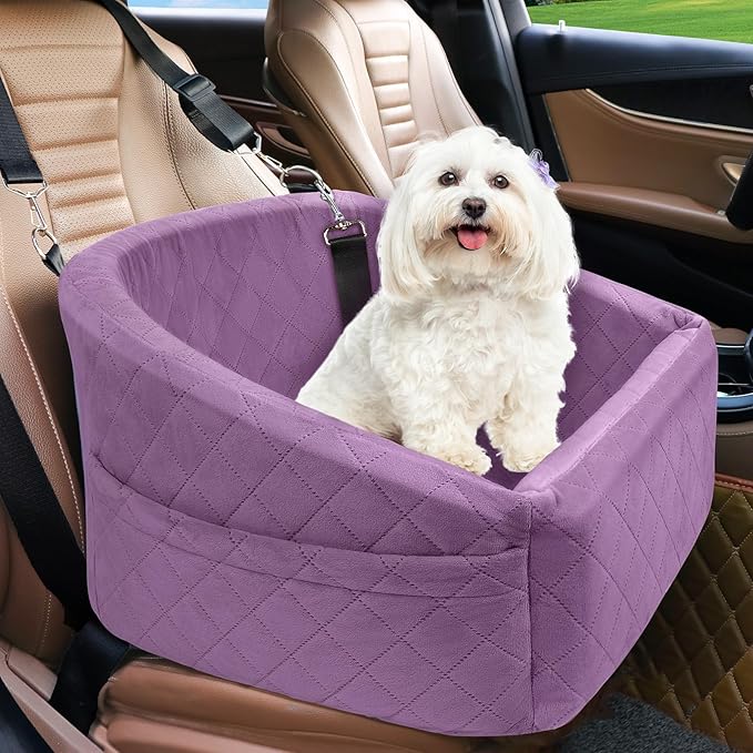 Dog Car Seat for Small Medium Dogs,Detachable Washable Dog Booster Seat Under 30lbs, Pet Car Seats Travel Bed with Storage Pockets and Safety Belt (Purple)-PawvioPets