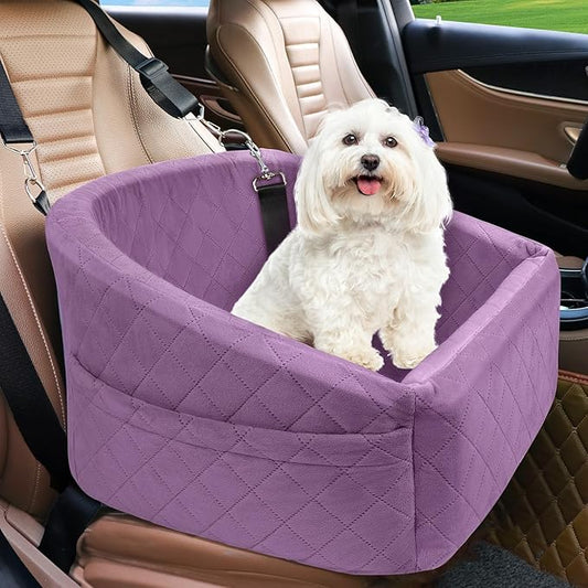 Dog Car Seat for Small Medium Dogs,Detachable Washable Dog Booster Seat Under 30lbs, Pet Car Seats Travel Bed with Storage Pockets and Safety Belt (Purple)-PawvioPets