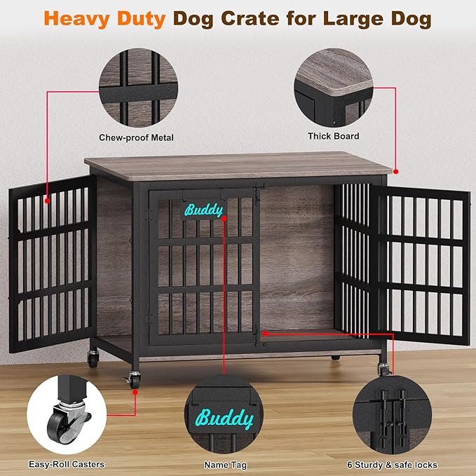 EasyCom 42"/41"/33" XL Dog Crate Furniture with Casters, Heavy Duty Dog Kennel Indoor for Large and Medium Dogs, Double-Doors Sturdy Dog Cage for Anxiety Dog, Decorate House as TV Stand, Bedside Table-PawvioPets