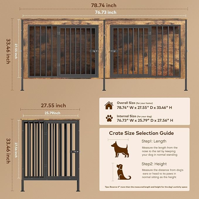78 Inch Dog Cage Furniture for 2 Large/Medium Dogs with Removable Divider, Extra Large Double Doors Dog Kennel, XXL Thick Wooden Dog cage Furniture, Durable and Sturdy, Brown-PawvioPets