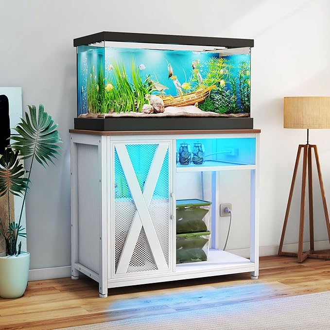 DWVO 40-50 Gallon Aquarium Stand with Power Outlets & LED Light, Cabinet for Fish Tank Accessories Storage - Metal Fish Tank Stand Suitable for Turtle Tank, Reptile Terrarium, 660LBS Capacity, White-PawvioPets