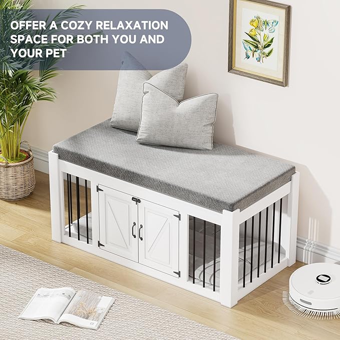 Dog Crate Furniture with Padded Seat, Luxury Wooden Dog Kennel, End of Bed Bench Ottoman with Removable Cushion for Bedroom, Living Roome, White-PawvioPets