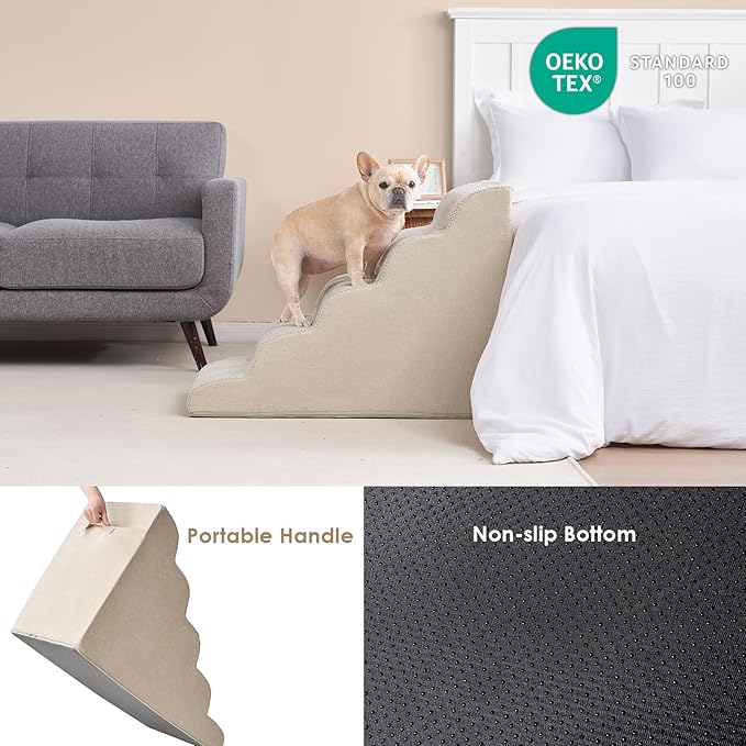 EHEYCIGA Curved Dog Stairs Ramp for High Beds, 5-Step Extra Wide Dog Steps for Small Dogs and Cats, Pet Stairs for High Bed Climbing, Non-Slip Balanced Pet Step Indoor, Beige-PawvioPets