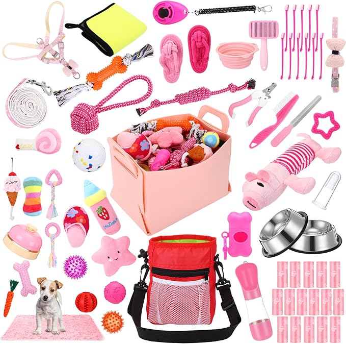 65 Pcs Puppy Supplies Starter Kit Small Dog Essentials Includes Dog Leash, Toys, Bowl, Brushes, Water Bottles, pet Blankets Puppy Accessories for New Welcome Gift Supplies(Cute,Pink)-PawvioPets