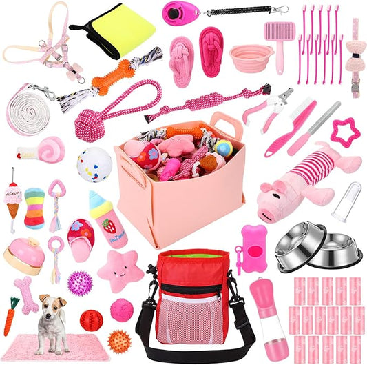 65 Pcs Puppy Supplies Starter Kit Small Dog Essentials Includes Dog Leash, Toys, Bowl, Brushes, Water Bottles, pet Blankets Puppy Accessories for New Welcome Gift Supplies(Cute,Pink)-PawvioPets