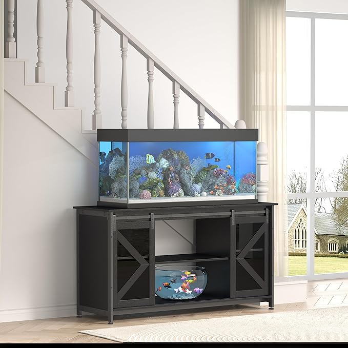 55-75 Gallon Aquarium Stand Heavy Duty Steel Frame, Fish Tank Cabinet with Accessories Storage for Reptile Terrarium & Turtle Tank - 1000lbs Capacity (Black)-PawvioPets