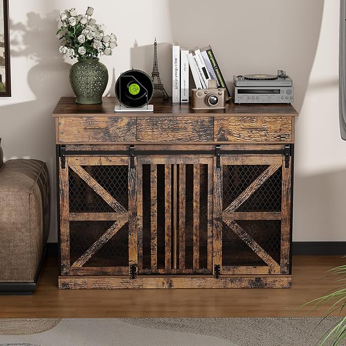 48'' Dog Crate Furniture with Removable Divider & Storage Drawers, Wooden Double Dog Cage TV Stand with 2 Sliding Barn Doors, Multi-Functional Dog Crate End Table for Indoor use (Retro Brown)-PawvioPets