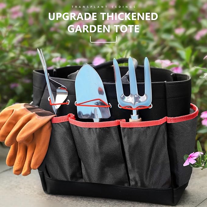Garden Tools 9-Piece Heavy Duty Gardening Hand Tools with Fashion and Durable Garden Tools Organizer Handbag, Rust-Proof Garden Tools Set, Ideal Gardening Gifts for Women (Black Red)-PawvioPets