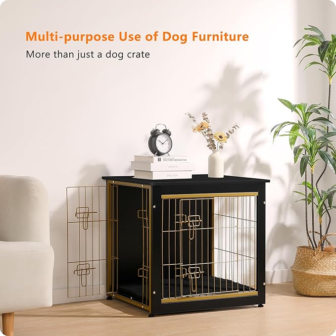 DWANTON Dog Crate Furniture with Cushion, Wooden Kennel Table with Double Doors, Indoor Dog House, Small/Medium/Large Size, 27.2" L, Black+Gold-PawvioPets