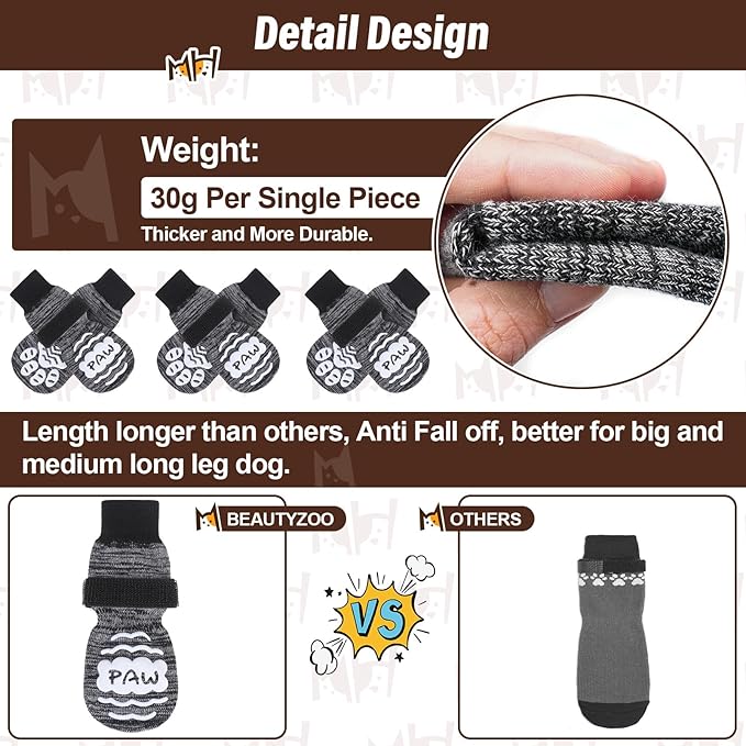 BEAUTYZOO Anti Slip Dog Socks for Small Medium Large Dogs,Paw Protector with Grips for Hardwood Floor Hot/Cold Pavement,Traction Control 3 Pairs AntiTwist Dog Shoes to Prevent Licking for Senior Dog-PawvioPets