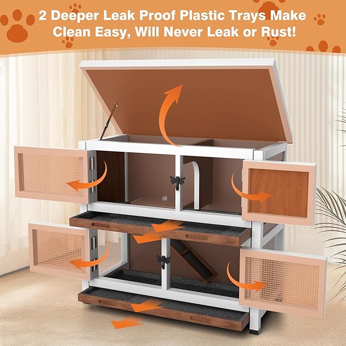 2 Story Rabbit Hutch, Indoor Outdoor Bunny Hutch Solid Wood Rabbit Cage with Removable Trays, Waterproof Asphalt Roofs and Ventilation Door, Small Animal House for Rabbit Guinea Pig Ferret, Walnut-PawvioPets