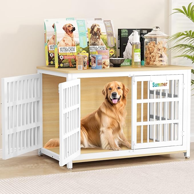 EasyCom Heavy Duty Dog Kennel Indoor with Name Tag, XL Dog Crate Furniturefor Large and Medium Dogs, Double-Doors Sturdy Dog Cage for Anxiety Dog, Decorate House as TV Stand, End Table, Bedside Table-PawvioPets