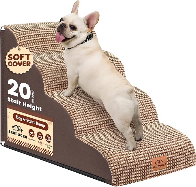 Dog Ramp and Stair for Bed 16" H-20 H,3-Step Cat Stair for Sofa and Chair,4-Step Dog Ramp for High Bed and Window,Durable Nonslip Fabric Cover for Indoor (Coffee-20 H, Pet Friendly, 4)-PawvioPets