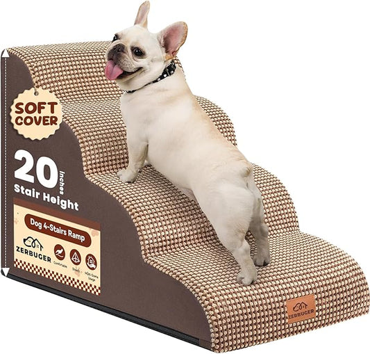 Dog Ramp and Stair for Bed 16" H-20 H,3-Step Cat Stair for Sofa and Chair,4-Step Dog Ramp for High Bed and Window,Durable Nonslip Fabric Cover for Indoor (Coffee-20 H, Pet Friendly, 4)-PawvioPets