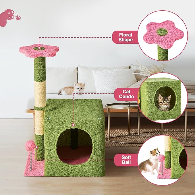 24 Inch Cat Tree Condo for Indoor Cats with Floral Sisal Scratching Post, Plush Hang Ball Play Furniture for Kittens Cats, Pink-PawvioPets