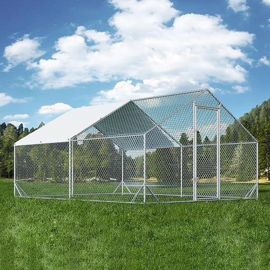 4ever2buy Large Metal Chicken Coop with Run Walk-in Poultry Cage Chicken Runs House Pen Cage Spire Roofed Chicken Coops with Anti-Ultraviolet Cover for Outdoor Yard Farm Use 9.8’L x 13.1’W x 6.4’H-PawvioPets