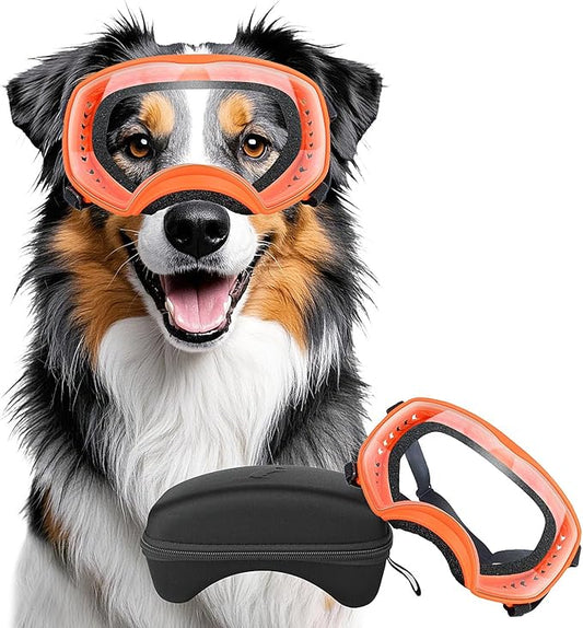 Dog Sunglasses UV Protection Clear Dog Goggles Windproof Glasses with Elastic Straps for Medium-Large Breed, Orange Frame + Clear Lens-PawvioPets