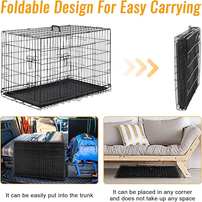 FDW Dog Crate for Medium Dogs 30 Inch Folding Metal WirePet Cage Double Door W/Divider Panel Indoor Outdoor Kennel Leak-Proof Plastic Tray,Black-PawvioPets