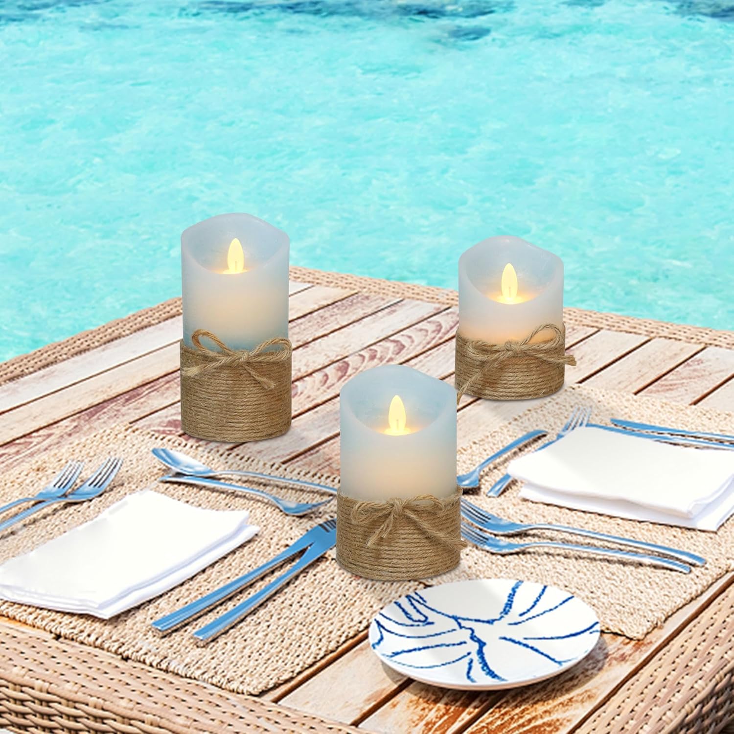 Silverstro Nautical Decor Ocean Blue Flameless Candles - Home Christmas Farmhouse Summer Decorations - Set of 3 (D3.11 X H4 5" 6")
