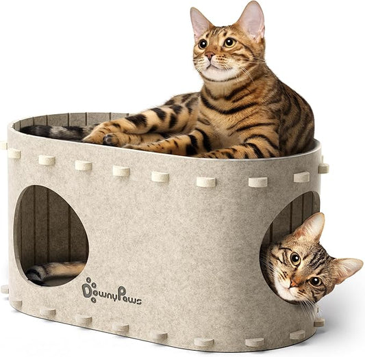 DownyPaws Cat House for Indoor Cats, Cat Bed Cave for Multiple & Large Cats Up to 22 Lbs, Scratch Resistant, Foldable Peekaboo Kitten Caves Tunnel Enclosed Bed, PeekaPurr, Cream-PawvioPets