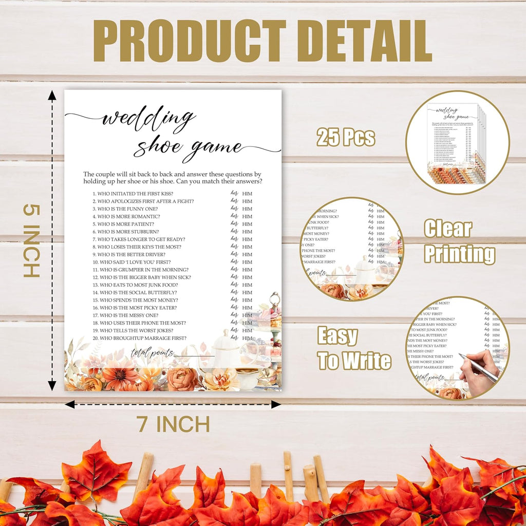 Fall Bridal Shower Games Cards, Wedding Shoe Wedding Bachelorette Party Games, Fall in Love Bridal Shower Decorations, 25 Cards, G02