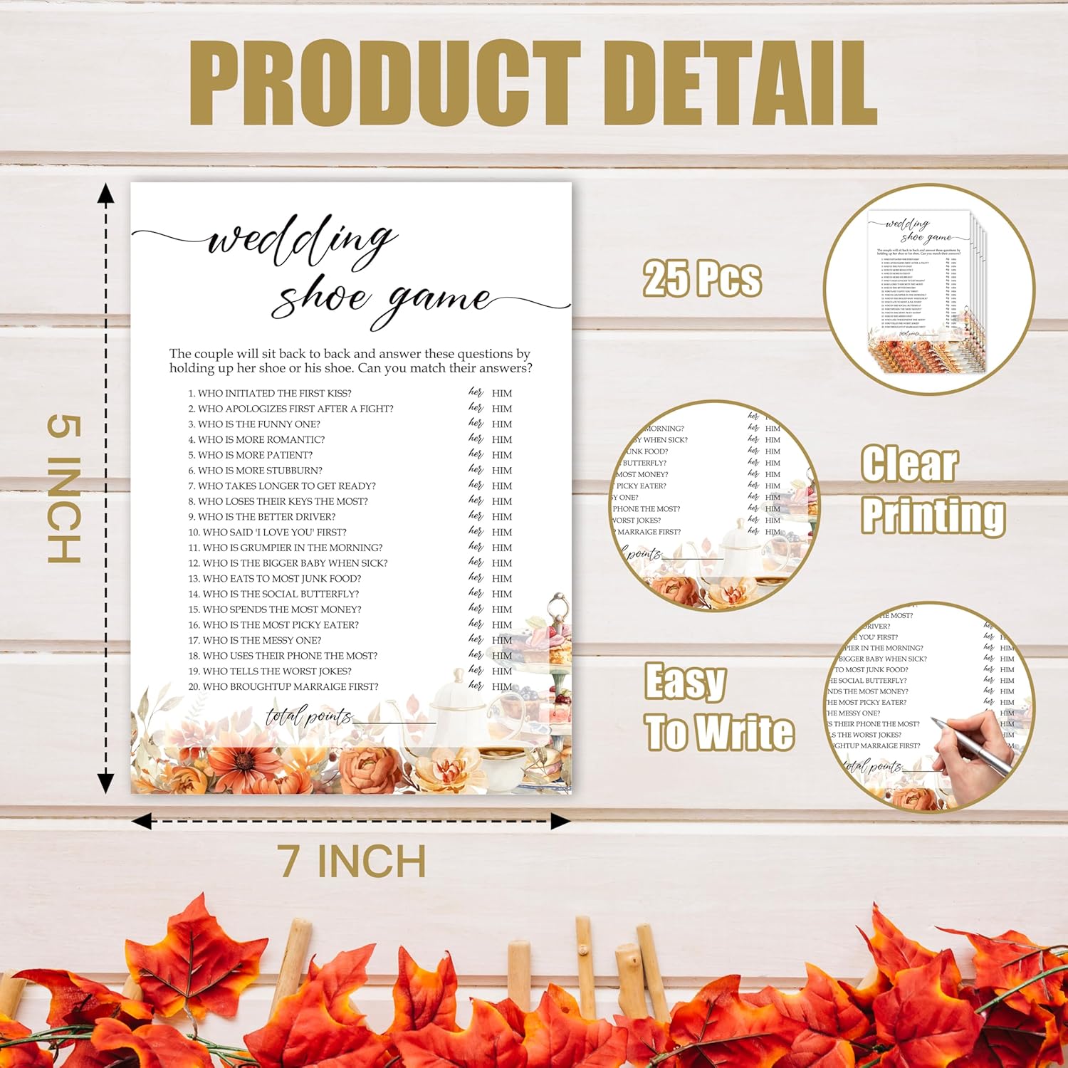 Fall Bridal Shower Games Cards, Wedding Shoe Wedding Bachelorette Party Games, Fall in Love Bridal Shower Decorations, 25 Cards, G02