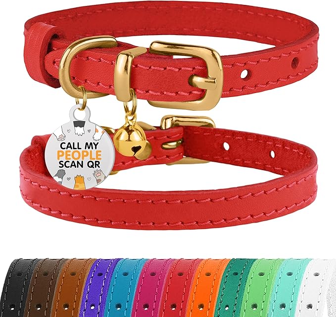 BRONZEDOG Leather Cat Collar with Removable Bells Non Breakaway Kitten QR Tag for Girl Boy (9" - 12" Cats/Mini Dogs, Red & Gold)-PawvioPets