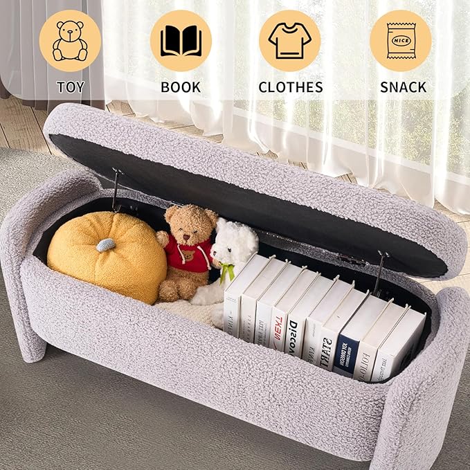 48 Inch Lamb Fleece Oval Storage Bench Upholstered Ottoman Bench with Storage, Bedroom Bench with Large Storage Space, for Bedroom Living Room Entryway, Grey-PawvioPets