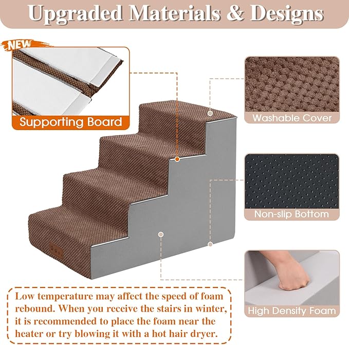 GGIB Dog Stairs for Small Dogs Cats Non-Slip Dog Steps for High Bed Pet Stairs for Sofa Couch Pet Ramp Pet Steps with Removable Washable Cover, Brown, 17" H, 4-Step-PawvioPets