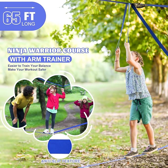 2x65 FT Ninja Warrior Obstacle Course for Kids with 13 Ninja Accessories - 600lbs Weight Capacity, Slackline with Swing Seat, Disc Swing, Ninja Wheel, Rope Ladder, Monkey Bar, Ninja Ring, Arm Trainer-PawvioPets