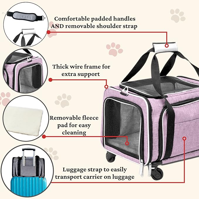 Airline Approved Expandable Premium Pet Carrier on Wheels- Two Sided Rolling Carrier- Designed for Dogs & Cats- Extra Spacious Soft Lined Carrier! - Pink (RL-PET-CARRIER-WHEELS)-PawvioPets