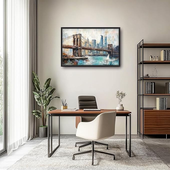 Extra Large Framed Brooklyn Bridge Wall Art,New York City Wall Decor,Abstract Skyline Cityscape Pictures for Living Room,Canvas Print Painting Modern Artwork Bedroom Office Bathroom 36L x24W-PawvioPets