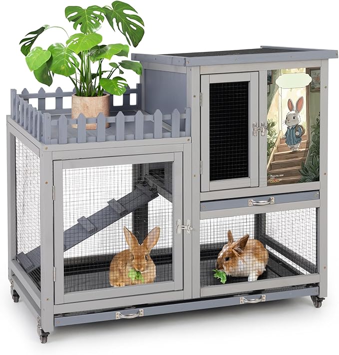 COZIWOW Double Layers Durable 38In Rabbit Hutch Indoor on Wheels, Small Animal Houses Habitat, Rolling Large Bunny Cage Outdoor with Removable Tray, Ramp, Two Story Bunny Cage（Grey with Pattern）-PawvioPets