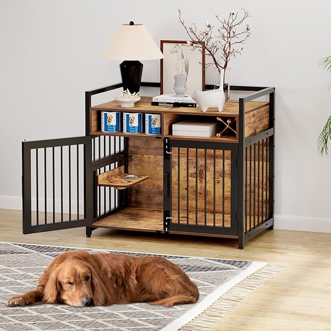 Furniture Style Dog Crate with Storage, 41 Inch Dog Crate Furniture with Double Doors, 2 Stainless Steel Bowls, Dog Crate Furniture-Style Crate for Large/Medium Dog-PawvioPets