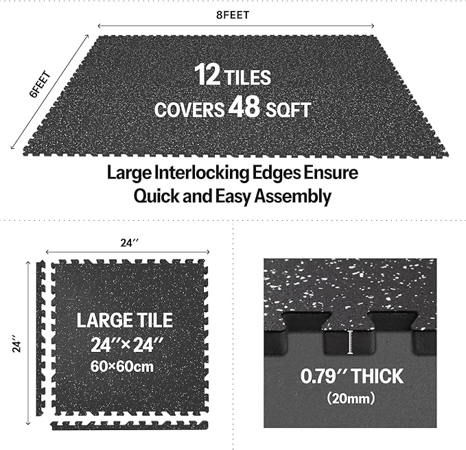 AIRHOP 0.79in Thick 48 Sq Ft Exercise Equipment Mats, 12 Tiles Upgraded Rubber Top with High Density EVA Foam, Large Interlocking Puzzle Gym Flooring for Home Gym, Heavy Weight Workout,Black & White-PawvioPets