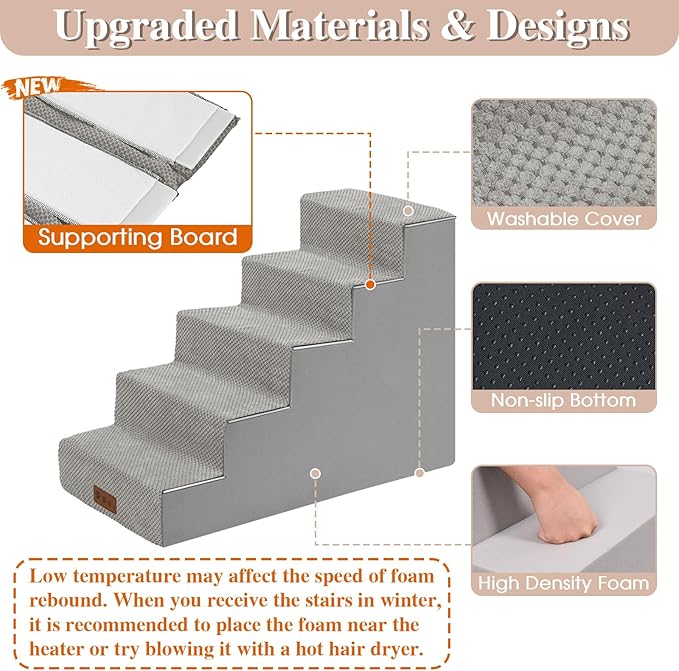 GGIB Dog Stairs for Small Dogs Cats Non-Slip Dog Steps for High Bed Pet Stairs for Sofa Couch Pet Ramp Pet Steps with Removable Washable Cover, Light Grey, 22" H, 5-Step-PawvioPets