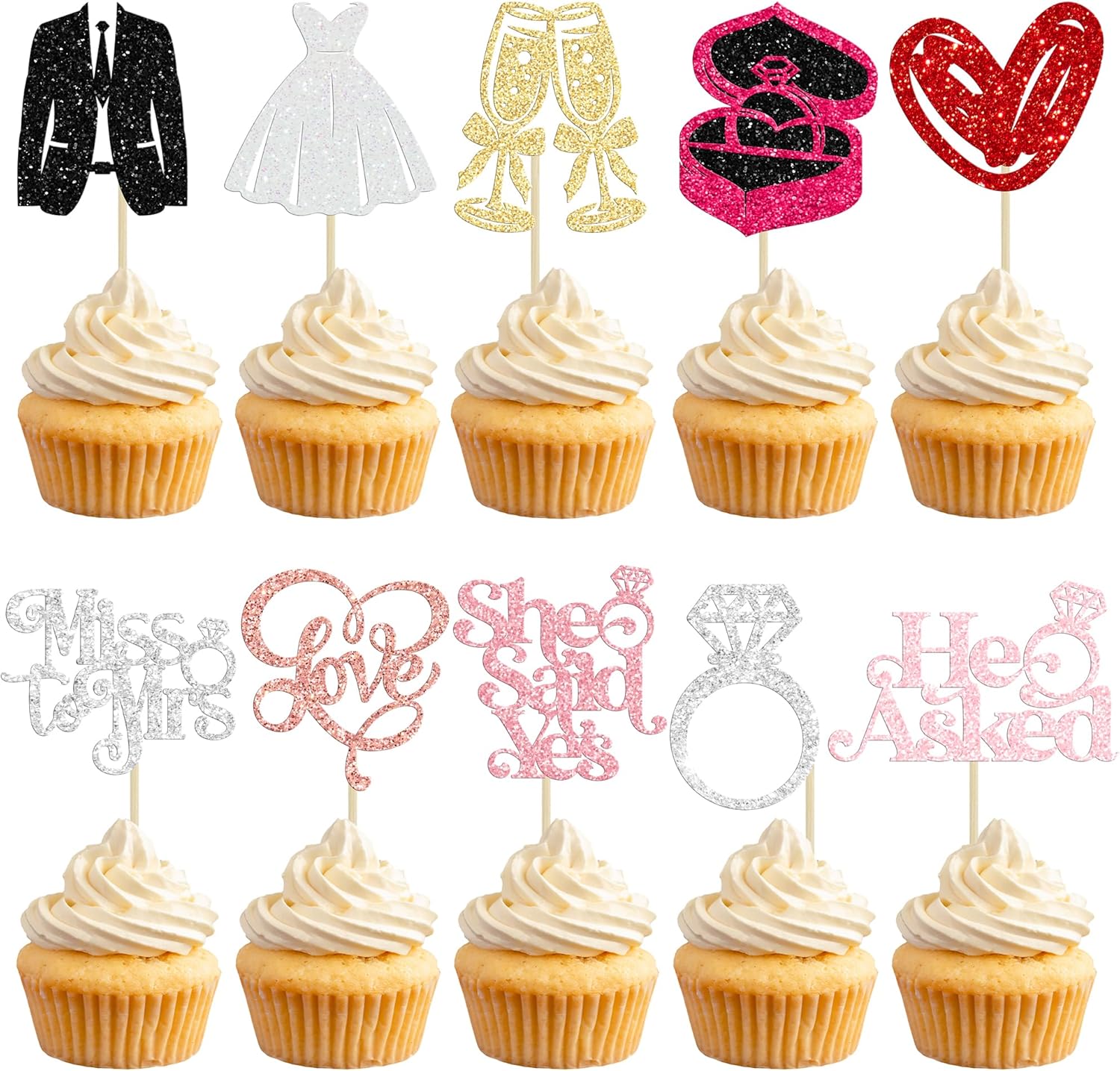 Gyufise 30Pcs She Said Yes Cupcake Toppers Glitter Diamond Ring I Do Love Cupcake Picks Miss to Mrs He Asked Bridal Shower Wedding Engagement Bachelorette Cake Decoration Multicolor