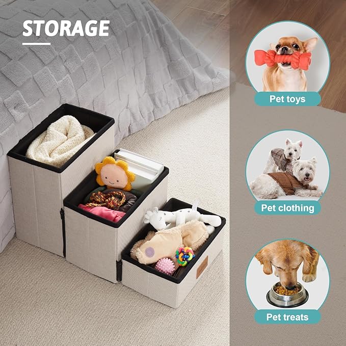 Dog Stair for Small Dogs with Storage, Foldable Pet Step with Soft Cover, Older Cat Ramp for Chair Couch Sofa, Lightweight, Durable, Comfort, 24.8x13x13.6 inch, 3 Tiers, Grey-PawvioPets