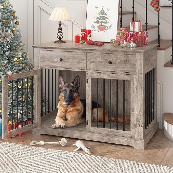 Dog Crate Furniture, 44 Inch Wooden Dog Kennel Indoor with 2 Storage Drawers, Heavy Duty Large Crate Furniture, Decorative End Table Cage Furniture for Small/Medium/Large (Grey)-PawvioPets