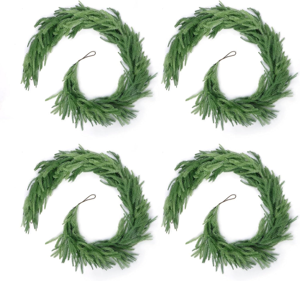 4 Pack Christmas Norfolk Pine Garlands 9FT, Real Touch Artificial Greenery Garland – Full Evergreen Pine Garland for Mantle, Fireplace, Table, Wall, Stairs & Outdoor Holiday Décor
