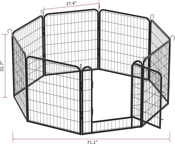 Dog Playpen, Outdoor Dog Fence, 8 Panels, 32" H Dog Pen for Medium/Small Dogs, Heavy Duty Metal Pet Fence with Gate, Portable Dog Fence for RV Camping and Yard (Black)-PawvioPets