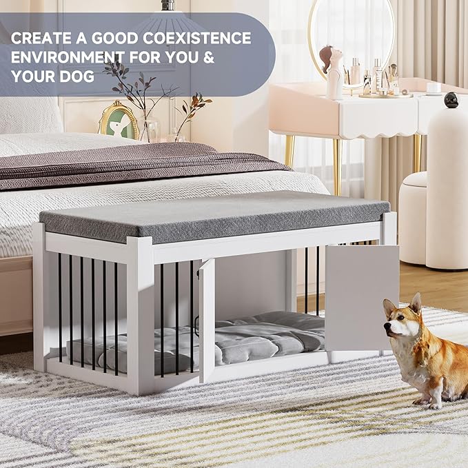 Dog Crate Furniture with Padded Seat, Luxury Wooden Dog Kennel, End of Bed Bench Ottoman with Removable Cushion for Bedroom, Living Roome, White-PawvioPets