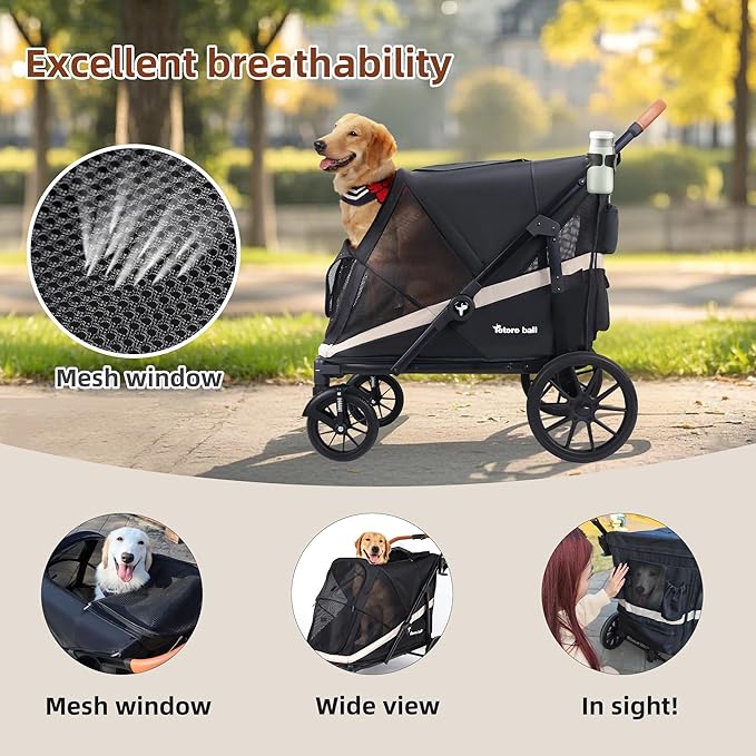 Dog Stroller for Large Dogs One-Click Folding 4 Wheel Foldable Dog Stroller for 2 Dogs with Storage Pocket Suitable for Pets Up to 110LBS (Black, Large)-PawvioPets