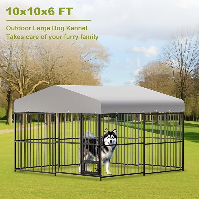 10x10x6FT Large Dog Kennel Outside Dog Playpen Outdoor Dog Enclosures with UV-Resistant Waterproof Roof Covered Dog House Outdoor,Lock,for Medium and Large Dogs,Easy Assembly-PawvioPets